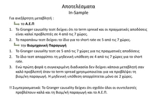 Αποτελέσματα
In-Sample
Για ανεξάρτητη μεταβλητή :
το Α.Ε.Π
1. To Granger causality τεστ δείχνει ότι το term spread και οι πραγματικές αποδόσεις
είναι καλοί προβλεπτές σε 4 από τις 7 χώρες.
2. Το παραπάνω τεστ δείχνει το ίδιο για το short rate σε 5 από τις 7 χώρες.
την Βιομηχανική Παραγωγή
1. To Granger causality τεστ σε 5 από τις 7 χώρες για τις πραγματικές αποδόσεις
2. Το ίδιο τεστ απορρίπτει τη μηδενική υπόθεση σε 4 από τις 7 χώρες για το short
rate.
3. Ενώ πρώτη φορά η συγκεκριμένη διαδικασία δεν δείχνει κάποια μεταβλητή σαν
καλό προβλεπτή όταν το term spread χρησιμοποιείται για να προβλέψει τη
βιομ/κη παραγωγή. Η μηδενική υπόθεση απορρίπτεται μόνο σε 2 χώρες.
!! Συμπερασματικά: Το Granger causality δείχνει ότι σχεδόν όλοι οι συντελεστές
προβλέπουν καλά και τη Βιομ/κή παραγωγή και το Α.Ε.Π.
 