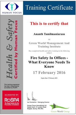 Ananth Tamilmaniarasu - Fire Safety In Offices - What Everyone Needs To Know