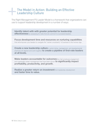 18 Most Likely to Lead
The Right Management P3 Leader Model is a framework that organizations can
use to support leadership development in a number of ways:
Identify talent with with greater potential for leadership
effectiveness by assessing for traits that are common to successful leaders.
Focus development time and resources on nurturing capabilities
that will empower your leaders to navigate the “certain uncertainty” of business in the Human Age.
Create a new leadership culture in which hiring, management, and developmental
practices are aligned and work together to create a pipeline of first-rate leaders
at all levels.
Make leaders accountable for outcomes like high employee engagement
and meaningful career management that have been shown to significantly impact
profitability, productivity, and growth.
Realize a greater return on investment from leadership development
and faster time to value.
The Model in Action: Building an Effective
Leadership Culture
 