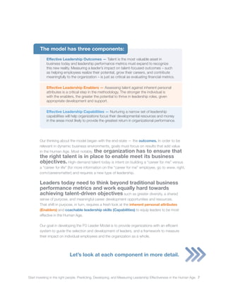 Start investing in the right people. Predicting, Developing, and Measuring Leadership Effectiveness in the Human Age. 7
Our thinking about the model began with the end-state — the outcomes. In order to be
relevant in dynamic business environments, goals must focus on results that add value
in the Human Age. Most notably, the organization has to ensure that
the right talent is in place to enable meet its business
objectives. High-demand talent today is intent on building a “career for me” versus
a “career for life” (for more information on the “career for me” employee, go to www. right.
com/careersmatter) and requires a new type of leadership.
Leaders today need to think beyond traditional business
performance metrics and work equally hard towards
achieving talent-driven objectives such as greater diversity, a shared
sense of purpose, and meaningful career development opportunities and resources.
That shift in purpose, in turn, requires a fresh look at the inherent personal attributes
(Enablers) and coachable leadership skills (Capabilities) to equip leaders to be most
effective in the Human Age.
Our goal in developing the P3 Leader Model is to provide organizations with an efficient
system to guide the selection and development of leaders, and a framework to measure
their impact on individual employees and the organization as a whole.
Let’s look at each component in more detail.
Effective Leadership Outcomes — Talent is the most valuable asset in
business today and leadership performance metrics must expand to recognize
this new reality. Measuring a leader’s impact on talent-focused outcomes – such
as helping employees realize their potential, grow their careers, and contribute
meaningfully to the organization – is just as critical as evaluating financial metrics.
Effective Leadership Enablers — Assessing talent against inherent personal
attributes is a critical step in the methodology. The stronger the individual is
with the enablers, the greater the potential to thrive in leadership roles, given
appropriate development and support.
Effective Leadership Capabilities — Nurturing a narrow set of leadership
capabilities will help organizations focus their developmental resources and money
in the areas most likely to provide the greatest return in organizational performance.
The model has three components:
 