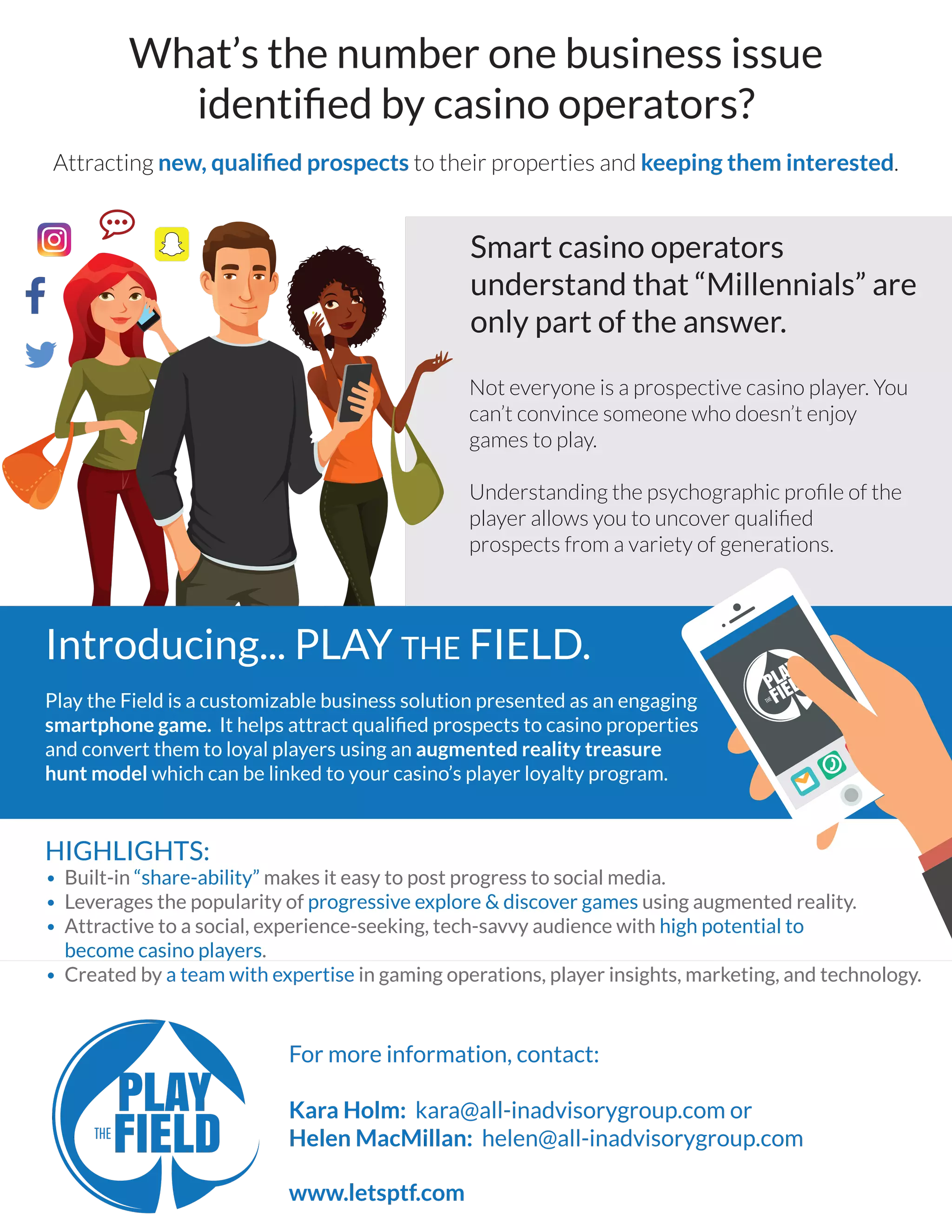 What’s the number one business issue
identiﬁed by casino operators?
Attracting new, qualiﬁed prospects to their properties and keeping them interested.
Introducing... PLAY THE FIELD.
Play the Field is a customizable business solution presented as an engaging
smartphone game. It helps attract qualiﬁed prospects to casino properties
and convert them to loyal players using an augmented reality treasure
hunt model which can be linked to your casino’s player loyalty program.
Smart casino operators
understand that “Millennials” are
only part of the answer.
Not everyone is a prospective casino player. You
can’t convince someone who doesn’t enjoy
games to play.
Understanding the psychographic proﬁle of the
player allows you to uncover qualiﬁed
prospects from a variety of generations.
HIGHLIGHTS:
• Built-in “share-ability” makes it easy to post progress to social media.
• Leverages the popularity of progressive explore & discover games using augmented reality.
• Attractive to a social, experience-seeking, tech-savvy audience with high potential to
become casino players.
• Created by a team with expertise in gaming operations, player insights, marketing, and technology.
For more information, contact:
Kara Holm: kara@all-inadvisorygroup.com or
Helen MacMillan: helen@all-inadvisorygroup.com



www.letsptf.com
 