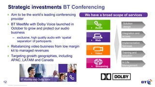 © British Telecommunications plc
12
Strategic investments BT Conferencing
 Aim to be the world’s leading conferencing
provider
 BT MeetMe with Dolby Voice launched in
October to grow and protect our audio
business
– exclusive, high quality audio with ‘spatial
separation’ of participants
 Rebalancing video business from low margin
kit to managed revenues
 Targeting growth geographies, including
APAC, LATAM and Canada
We have a broad scope of services
 Video
 Streaming
 Web
 Audio
Solution
design
Integration and
access
Implementation
Services
Training and
adoption
In Life
Management
 
