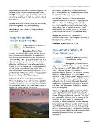 Pennsylvania Trails Advisory Committee ● 2014 Annual Report
Page 25
Pennsylvania Wilds
Artisan Trail Story Map
Appalachian...