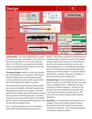 D C D O VDesign
System Design: The system model that was created
in Concept was taken a step further. The system was
drawn out in the form of a value stream map (seen
above). The SOPs for every operation within both
loops were recorded and time estimate for each step
were developed from the SOPs.
Warehouse Design: Initially, we had only a percent-
age of the building for our warehouse. After the po-
tential for benefits sunk in and the project gained
some momentum, the team was able to get the other
part of the building to be added to our scope.
We had dimensions of the shell from Define and the
next step was to establish what kind of material han-
dling equipment we had at our disposal. This deter-
mined the aisle widths. Because the building was long
and too narrow for the MH equipment to come back
around in a circle, the warehouse had to be divided in
half: one side for items requiring the equipment to lift
and one side for the lighter items.
Next, we had to designate area for the attendant to
perform their functions (kitting and receiving in-
bound) . Then the flow patterns for material had to be
thought through. The plan was to do a FIFO method
with the center rack having access on both sides and
the other racks being accessed from only one side.
While getting quotes, we were offered a great deal on
gravity fed racking which we positioned around the
kitting area for most used parts. A cage was added to
the front door so people could come in and place or-
ders but not remove parts unsupervised.
Kanban Design: Once the Kanban type had been se-
lected in concept, we realized that the use case in each
loop was slightly different. Additionally, the same
card had two different audiences. So the front was
design for the person pulling the card and the back
was design for the person receiving the card. The
cards were color coded to indicate which loop they
belonged to.
Build Plan: The needed materials were given to the
company’s three main racking vendors for quotes.
We decided to buy select materials from each that
minimized our total cost. The construction happened
concurrently with the next phase.
Detailed Design
The system, at each major level of inference,
is shown to the left. This system included
elements of lean, set the company up for
success and solved the focal problems ad-
dressed in Define. Below, is the final design
of the Kanban which was selected to be a
card like the sister faculties had.
 