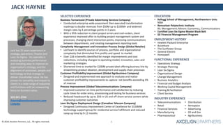© 2016 Axcelion Partners, LLC. All rights reserved.
Business Turnaround (Private Advertising Services Company)
• Conducted enterprise-wide assessment then executed transformation
roadmap to double revenues from $50M up to $100M+ and widened
margin rates by 4 percentage points in 2 years
• With a 95% reduction in client project errors and rush-orders, client
experience improved after re-building project management system and
processes, changing client interaction points, improving communications
between departments, and creating management reporting tools
Complexity Management and Innovation Process Design (Global Retailer)
• Led team to identify sources of process, portfolio and organizational
complexity that diminished firm profits and speed to market
• Over $1B in benefits identified for margin improvements and cost
reductions, including changes to operating model; innovation, sales and
marketing strategies
• Shortened time to market for $200M private label offering business line by
streamlining product ideation, development and supply chain processes
Customer Profitability Improvement (Global Agribusiness Company)
• Designed and implemented new approach to evaluate and realize
customer profitability improvements to capture net benefits exceeding 1%
of revenue
Process Improvement (Global Telecommunications Company)
• Improved customer on-time performance and satisfaction by reducing
cycle times for order entry, provisioning and testing for business services
• Reduced headcount by up to 25% in US and off-shore service centers while
improving customer outcomes
Lean Six Sigma Deployment Design (Canadian Telecom Company)
• Designed Continuous Improvement Center of Excellence for $150MM
technology support group for residential service fulfillment and reduced
ramp-up time by 9-12 months
SELECTED EXPERIENCE EDUCATION
• Kellogg School of Management, Northwestern Univ.
MBA
• Rensselaer Polytechnic Institute
BS: Management; Minors: Economics, Communications
• Certified Lean Six Sigma Master Black Belt
• GE Financial Management Program
INDUSTRY EXPERIENCE
• Telecommunications
• Retail
• Financial Services
• Manufacturing
• Pharmaceutical
• Distribution
• Aerospace
• Advertising
• Oil and Gas
• Agribusiness
FUNCTIONAL EXPERIENCE
• Operations Strategy
• Strategic Planning
• Lean Six Sigma
• Organizational Design
• Change Management
• Business Analytics
• Financial and Budget Analysis
• Working Capital Management
• Training & Facilitation
• Client Service
Jack has 25 years experience in
strategy, operations, finance and
Lean Six Sigma. His specialty is
analyzing business performance
and revealing ways to improve an
organization’s strategy, and the
alignment of processes, people and
technology to that strategy to
deliver shareholder value. He has
proven his versatility and impact to
clients in a wide range of industries
and functions with an unwavering
focus on business value.
323-241-2764
jhaynie@axcelionpartners.com
LinkedIn
JACK HAYNIE
EMPLOYMENT HISTORY
• Hewlett Packard Enterprise
• Accenture
• The Sunflower Group
• General Electric
• Honeywell
8
 
