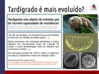 Tardígrado é mais evoluído?
Imagem:www.tardigrada.net
Notícia de jan.2015, disponível em:
http://g1.globo.com/fantastico/noticia/2015/01/tardigrado-vira-obj
eto-de-estudos-por-ter-incrivel-capacidade-de-resistencia.html
“Se ele sai da água, se transforma em uma bolinha
e entra em um estado de hibernação (…)
Nesse processo, ele consegue desidratar o corpo,
fabricar um revestimento extra da cutícula do
corpo, e essa desidratação inibe as reações que
os levaria a morte (…)
Ele consegue resistir de -270º a 150ºC e sobrevive
no vácuo, a altíssimos níveis de radiação solar.”
Imagemapod.nasa.gov
Imagem:curiosabelavida.blogspot.com
 