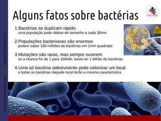 Alguns fatos sobre bactérias
Imagemhttp://www.frametoon.com
1.Bactérias se duplicam rápido
uma população pode dobrar de tamanho a cada 30min
2.Populações bacterianas são enormes
podem caber 100 milhões de bactérias em 1mm quadrado
3.Mutações são raras, mas sempre ocorrem
se a chance for de 1 para 1bilhão, basta ter 1 bilhão de bactérias
4.Uma só bactéria sobrevivente pode colonizar um local
e todas as bactérias daquele local terão a mesma característica
Imagemoneinabillionblog.com
 