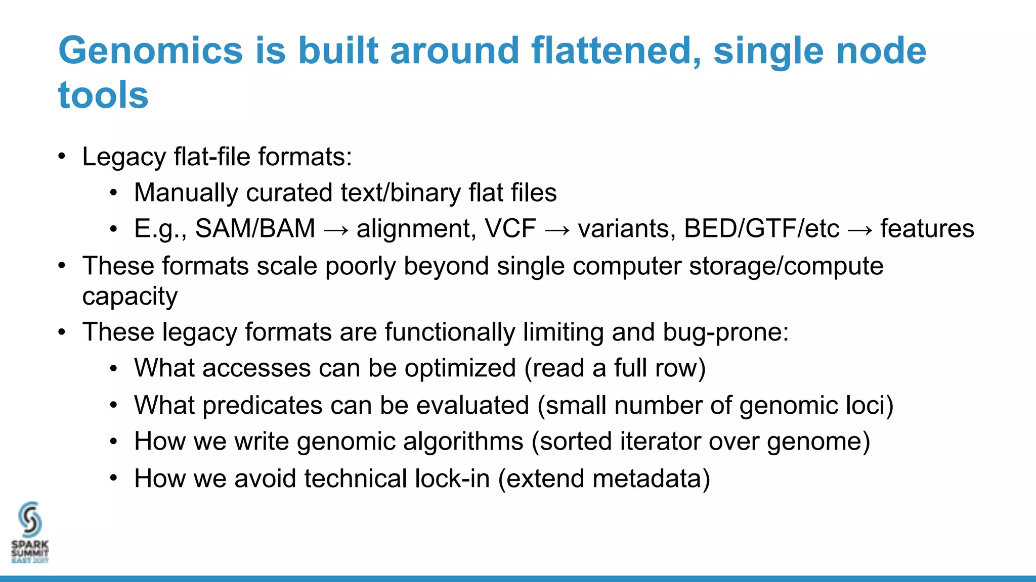 Genomics is built around flattened, single node
tools
• Legacy flat-file formats:
• Manually curated text/binary flat files
• E.g., SAM/BAM → alignment, VCF → variants, BED/GTF/etc → features
• These formats scale poorly beyond single computer storage/compute
capacity
• These legacy formats are functionally limiting and bug-prone:
• What accesses can be optimized (read a full row)
• What predicates can be evaluated (small number of genomic loci)
• How we write genomic algorithms (sorted iterator over genome)
• How we avoid technical lock-in (extend metadata)
 