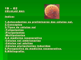 1B – G2
CÉLULAS NAI:

Indice:

1.Antecedentes ou preliminares das células nai.
2.Conceptos
3.Tipos de células nai
-Totipotentes
-Pluripotentes
-Multipotentes
4.A medicina rexenerativa
-Células nai embrionarias
-Células nai adultas
-Células pluripotentes inducidas
5.Perspectiva da medicina rexenerativa.
6.Bibliografía.
 