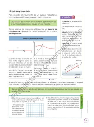Prohibida
su
reproducción.
25
1.2 Posición y trayectoria
Para describir el movimiento de un cuerpo, necesitamos
conocer la posición que ocupa en cada momento.
Como sistema de referencia utilizaremos un sistema de
coordenadas y la posición del móvil vendrá dada por su
vector posición.
Llamamos trayectoria a la línea imaginaria formada por los sucesivos puntos que ocupa un
móvil en su movimiento.
La posición de un móvil en un instante determinado es
el punto del espacio que ocupa en ese instante.
  2.	Un móvil se encuentra en el punto (2 m, 4 m)
en un determinado instante. Después de 3 s, se
encuentra en el punto (6 m, 1 m).
	 —Dibuja estas dos
posiciones y sus
vectores posición
correspondientes
en un sistema de
coordenadas.
  3.	Diquétipodemovimiento,segúnsutrayectoria,
realizan los siguientes cuerpos: a. Un nadador
de 50 m crol; b. Una pelota de baloncesto en
un lanzamiento de tiro libre; c. La rueda de un
camión en marcha; d. Un montacargas; e. una
puerta que se abre; f. Un esquiador al bajar
por una pista.
Actividades
Sistema de coordenadas
O P X
y
x
P
o
r
r
Si un móvil está en reposo respecto al sistema de referencia que hemos escogido, su posi-
ción no varía con el tiempo. Pero si está en movimiento, su posición irá cambiando.
Tabla 1
Un vector es un segmento
orientado.
Los elementos de un vector
son:
Módulo: Es la longitud del
vector. Coincide con el
valor numérico de la mag-
nitud que representa y se
simboliza por | v| o por v.
Dirección: Es la de la recta
r que contiene al vector.
Sentido: Es el determinado
sobre la recta r al ir desde
el origen A hasta el extre-
mo B. Se indica mediante
la flecha del vector.
y también:
E
N
G
R
UPO
Y
T
A
M
B
IÉN
T
I
C
S
R
E
C
O
R
T
A
BLES
C
A
L
C
U
L
A
DORA
módulo
dirección
r
sentido
B
A
 v
Fig. 1
⃗
⃗
⃗
Cuando el móvil se mueve en
línea recta, elegimos como sis-
tema de referencia un eje de
coordenadas que coincida con
la recta sobre la que se mueve.
La posición, P, en un instante de-
terminado vendrá dada por el
vector posición  r, que une el ori-
gen O con el punto P.
⃗
Si el móvil se mueve sobre un
plano, podemos elegir como sis-
tema de referencia dos ejes de
coorde­nadas.
Del mismo modo, la posición,
P, en un instante determinado
vendrá dada por el vector posi-
ción  r, que une el origen O con
el punto P.
⃗
⃗
⃗
P
r
o
h
i
b
i
d
a
s
u
c
o
m
e
r
c
i
a
l
i
z
a
c
i
ó
n
 