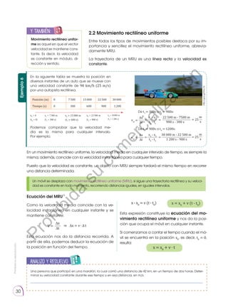 Prohibida
su
reproducción.
30
Analizo y resuelvo
2.2 Movimiento rectilíneo uniforme
Entre todos los tipos de movimientos posibles destaca por su im-
portancia y sen­
cillez el movimiento rectilíneo uniforme, abrevia-
damente MRU.
La trayectoria de un MRU es una línea recta y la velocidad es
constante.
En un movimiento rectilíneo uniforme, la velocidad media en cualquier intervalo de tiempo, es siempre la
misma; además, coincide con la velocidad instantánea para cualquier tiempo.
Puesto que la velocidad es constante, un objeto con MRU siempre tardará el mismo tiempo en recorrer
una distancia determinada.
y también:
E
N
G
R
UPO
Y
T
A
M
B
IÉN
T
I
C
S
R
E
C
O
R
T
A
BLES
C
A
L
C
U
L
A
DORA
Movimiento rectilíneo unifor-
me es aquel en que el vector
velocidad se mantiene cons-
tante. Es decir, la velocidad
es constante en módulo, di-
rección y sentido.
Un móvil se desplaza con movimiento rectilíneo uniforme (MRU), si sigue una trayectoria rectilínea y su veloci-
dad es constante en todo momento, recorriendo distancias iguales, en iguales intervalos.
En la siguiente tabla se muestra la posición en
diversos instantes de un auto que se mueve con
una velocidad constante de 90 km/h (25 m/s)
por una autopista rectilínea.
Posición (m) 0 7 500 15 000 22 500 30 000
Tiempo (s) 0   300    600    900  1 200
x0
= 0
(t0
= 0)
x1
= 7 500 m
(t1
= 300 s)
x2
= 15 000 m
(t2
= 600 s)
x3
= 22 500 m
(t3
= 900 s)
x4
= 30 000 m
(t4
= 1 200 s)
Podemos comprobar que la velocidad me-
dia es la misma para cualquier intervalo.
Por ejemplo:
Ejemplo
6
http://goo.gl/l9Ac7e
s
m
De t1
= 300s a t3
= 900s:
De t3
= 900s a t4
= 1200s:
t3
- t1
∆t s
900 s - 300 s
x3
- x1
∆x
vm
=
m
22 500 m - 7500 m
=
= = 25
t4
- t3
∆t 1 200 s - 900 s
x4
- x3
∆x
vm
=
30 000 m - 22 500 m
=
= = 25
Una persona que participó en una maratón, la cual corrió una distancia de 42 km, en un tiempo de dos horas. Deter-
minar su velocidad constante durante ese tiempo y en esa distancia, en m/s.
__________________________________________________________________________________
Ecuación del MRU
Como la velocidad media coincide con la ve-
locidad instantánea en cualquier instante y se
mantiene constante:
Esta ecuación nos da la distancia recorrida. A
partir de ella, podemos deducir la ecuación de
la posición en función del tiempo.
Esta expresión constituye la ecuación del mo-
vimiento rectilíneo uniforme y nos da la posi-
ción que ocupa el móvil en cualquier instante.
Si comenzamos a contar el tiempo cuando el mó-
vil se encuentra en la posición x0
, es decir, t0
= 0,
resulta:
x = x0
+ v · t
∆t
∆x
V = ⇒  ∆x = v ∙ ∆ t
x = x0
+ v (t - t0
)
x - x0
= v (t - t0
)
P
r
o
h
i
b
i
d
a
s
u
c
o
m
e
r
c
i
a
l
i
z
a
c
i
ó
n
 