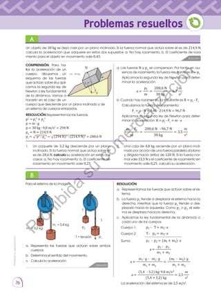 Prohibida
su
reproducción
76
Un objeto de 30 kg se deja caer por un plano inclinado. Si la fuerza normal que actúa sobre él es de 214,9 N,
calcula la aceleración que adquiere en estos dos supuestos: a. No hay rozamiento; b. El coeficiente de roza-
miento para el objeto en movimiento vale 0,45.
Para el sistema de la imagen:
Cuerpo 1:
Cuerpo 2:
Suma
La aceleración del sistema es de 2,5 m/s2
.
COMPRENSIÓN. Para ha-
llar la aceleración de un
cuerpo, dibujamos un
esquema de las fuerzas
que actúan sobre él y apli-
camos la segunda ley de
Newton o ley fundamental
de la dinámica. Vamos a
hacerlo en el caso de un
cuerpo que desciende por un plano inclinado y de
un sistema de cuerpos enlazados.
1.	 Un paquete de 3,2 kg desciende por un plano
inclinado. Si la fuerza normal que actúa sobre él
es de 28,6 N, calcula su aceleración en estos dos
casos: a. No hay rozamiento; b. El coeficiente de
rozamiento en movimiento vale 0,25.
2.	 Una caja de 4,8 kg asciende por un plano incli-
nado por acción de una fuerza paralela al plano
y dirigida hacia arriba de 120 N. Si la fuerza nor-
mal vale 33,3 N y el coeficiente de rozamiento en
movimiento vale 0,25, calcula su aceleración.
RESOLUCIÓN.Representamos las fuerzas.
p2
= pt
2
+ pn
2
p = m ∙ g
p = 30 kg ∙ 9,8 m/s2
= 294 N
pn
= N = 214,9 N
pt
= p2
- pn
2
= (294 N)2
- (214,9 N)2
= 200,6 N
a. 	Representa las fuerzas que actúan sobre ambos
cuerpos.
b. 	 Determina el sentido del movimiento.
c. 	 Calcula la aceleración.
a. Las fuerzas N y pn
se compensan. Por tanto, en au-
sencia de rozamiento, la fuerza resultante es R = pt
.
	 Aplicamos la segunda ley de Newton para deter-
minar la aceleración:
RESOLUCIÓN.
a.	 Representamos las fuerzas que actúan sobre el sis-
tema.
b.	 La fuerza p1
tiende a desplazar el sistema hacia la
derecha, mientras que la fuerza p2
tiende a des-
plazarlo hacia la izquierda. Como p1
 p2
, el siste-
ma se desplaza hacia la derecha.
c.	 Aplicamos la ley fundamental de la dinámica a
cada uno de los cuerpos.
b. Cuando hay rozamiento, la resultante es R = pt
- Fr
.
	 Calculamos la fuerza de rozamiento:
Fr
= � ∙ N = 0,45 ∙ 214,9 N = 96,7 N
	 Aplicamos la segunda ley de Newton para deter-
minar la aceleración: R = pt
- Fr
= m ∙ a
Solución
Solución
Problemas resueltos
A
B
√ √
T
T = tensión
m1
= 5,4 kg
m2
= 3,2 kg
T
p1
p2
pt 200,6 N m
a = —— = ———— = 6,7—
m 30 kg s2
pt - Fr 200,6 N -96,7 N m
a = ———— = ———————— = 3,5—
m 30 kg s2
p1 - T= m1∙ a
T- p2 = m2∙ a
p1 - p2 = (m1 + m2)∙ a
p1 - p2
a= ————
m1 + m2
m1∙ g - m2∙ g (m1 - m2)∙ g
a = ———————— = ———————
m1 + m2 m1 + m2
(5,4 - 3,2) kg∙9,8 m/s2 m
a = ——————————— = 2,5——
(5,4 +3,2) kg s2
pt 200,6 N m
a = —— = ———— = 6,7—
m 30 kg s2
pt - Fr 200,6 N -96,7 N m
a = ———— = ———————— = 3,5—
m 30 kg s2
p1 - T= m1∙ a
T- p2 = m2∙ a
p1 - p2 = (m1 + m2)∙ a
p1 - p2
a= ————
m1 + m2
m1∙ g - m2∙ g (m1 - m2)∙ g
a = ———————— = ———————
m1 + m2 m1 + m2
(5,4 - 3,2) kg∙9,8 m/s2 m
a = ——————————— = 2,5——
(5,4 +3,2) kg s2
pt 200,6 N m
a = —— = ———— = 6,7—
m 30 kg s2
pt - Fr 200,6 N -96,7 N m
a = ———— = ———————— = 3,5—
m 30 kg s2
p1 - T= m1∙ a
T- p2 = m2∙ a
p1 - p2 = (m1 + m2)∙ a
p1 - p2
a= ————
m1 + m2
m1∙ g - m2∙ g (m1 - m2)∙ g
a = ———————— = ———————
m1 + m2 m1 + m2
(5,4 - 3,2) kg∙9,8 m/s2 m
a = ——————————— = 2,5——
(5,4 +3,2) kg s2
pt 200,6 N m
a = —— = ———— = 6,7—
m 30 kg s2
pt - Fr 200,6 N -96,7 N m
a = ———— = ———————— = 3,5—
m 30 kg s2
p1 - T= m1∙ a
T- p2 = m2∙ a
p1 - p2 = (m1 + m2)∙ a
p1 - p2
a= ————
m1 + m2
m1∙ g - m2∙ g (m1 - m2)∙ g
a = ———————— = ———————
m1 + m2 m1 + m2
(5,4 - 3,2) kg∙9,8 m/s2 m
a = ——————————— = 2,5——
(5,4 +3,2) kg s2
P
r
o
h
i
b
i
d
a
s
u
c
o
m
e
r
c
i
a
l
i
z
a
c
i
ó
n
 