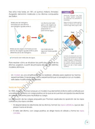 Prohibida
su
reproducción
19
Tres años más tarde, en 1811, el químico italiano Amadeo
Avogadro denominó moléculas a los átomos compuestos
de Dalton.
Moléculas de hidrógeno
formadas por dos átomos
de hidrógeno iguales entre sí.
Molécula de oxígeno formada por dos
átomos de oxígeno iguales entre sí, pero
diferentes de los de hidrógeno.
Los átomos de hidró-
geno y de oxígeno se
combinan entre sí en
proporción 2:1
para formar agua.
Las moléculas de
agua son todas iguales
entre sí.
Un modelo es una simplificación de la realidad, utilizada para explicar los hechos
experimentales. Si aparece un hecho experimental que no se explica con un modelo,
este debe modificarse o rechazarse.
Para resolver cómo se situaban las partículas dentro de los
átomos, surgieron, a partir de principios del siglo XX, distintos
modelos atómicos.
Teoría de Thomson
En 1904, Joseph J. Thomson propuso un modelo muy elemental: el átomo está constituido por
una esfera de materia con carga positiva, en la que se encuentran encajados los electrones
en número suficiente para neutralizar su carga.
La distribución de las cargas propuesta por Thomson explicaba la aparición de los rayos
catódicos y los rayos canales:
•	 Al desprenderse los electrones de los átomos, forman los rayos catódicos, que se des-
plazan hacia el ánodo.
•	El resto del átomo, con carga positiva, se dirige hacia el cátodo y forma los rayos
canales.
Demócrito pensaba que toda
la materia estaba constituida
por partículas muy pequeñas e
indivisibles.
Según él, toda la materia está for-
mada por átomos de cuatro ele-
mentos: fuego, tierra, agua y aire.
La teoría de Demócrito era intui-
tiva y no se apoyaba en la expe-
rimentación, por lo que no tiene
validez científica. Contrariamen-
te, la teoría atómica de Dalton
se apoya en hechos experimen-
tales y, por ello, sí tiene validez
científica.
aire
tierra
fuego
caliente
agua
mojado frío
seco
y también:
y también:
	 Formación de moléculas de agua
P
r
o
h
i
b
i
d
a
s
u
c
o
m
e
r
c
i
a
l
i
z
a
c
i
ó
n
 