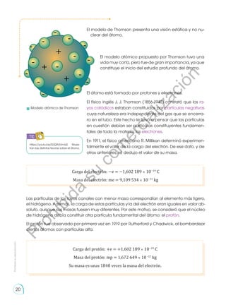 Prohibida
su
reproducción
20
https://youtu.be/SUQifUUm-bE Mues-
tran las distintas teorías sobre el átomo.
Las partículas de los rayos canales con menor masa correspondían al elemento más ligero,
el hidrógeno. Además, la carga de estas partículas y la del electrón eran iguales en valor ab-
soluto, aunque sus masas fuesen muy diferentes. Por este motivo, se consideró que el núcleo
de hidrógeno debía constituir otra partícula fundamental del átomo: el protón.
El protón fue observado por primera vez en 1919 por Rutherford y Chadwick, al bombardear
ciertos átomos con partículas alfa.
Carga del protón: +e = +1,602 189 × 10−19
C
Masa del protón: mp = 1,672 649 × 10−27
kg
Su masa es unas 1840 veces la masa del electrón.
Carga del electrón: −e = −1,602 189 × 10−19
C
Masa del electrón: me = 9,109 534 × 10−31
kg
	 Modelo atómico de Thomson
El modelo de Thomson presenta una visión estática y no nu-
clear del átomo.
El modelo atómico propuesto por Thomson tuvo una
vida muy corta, pero fue de gran importancia, ya que
constituye el inicio del estudio profundo del átomo.
El átomo está formado por protones y electrones.
El físico inglés J. J. Thomson (1856-1940) constató que los ra-
yos catódicos estaban constituidos por partículas negativas
cuya naturaleza era independiente del gas que se encerra-
ra en el tubo. Este hecho le llevó a pensar que las partículas
en cuestión debían ser partículas constituyentes fundamen-
tales de toda la materia: los electrones.
En 1911, el físico americano R. Millikan determinó experimen-
talmente el valor de la carga del electrón. De ese dato, y de
otros anteriores, se dedujo el valor de su masa.
-
-
-
-
-
-
-
-
-
-
-
-
-
-
-
-
+
+
+
TIC
P
r
o
h
i
b
i
d
a
s
u
c
o
m
e
r
c
i
a
l
i
z
a
c
i
ó
n
 