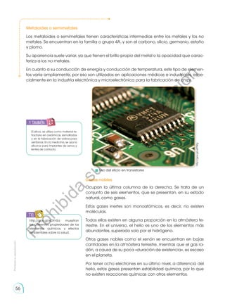 Prohibida
su
reproducción
56
http://goo.gl/uEPNfg
Metaloides o semimetales
Los metaloides o semimetales tienen características intermedias entre los metales y los no
metales. Se encuentran en la familia o grupo 4A, y son el carbono, silicio, germanio, estaño
y plomo.
Su apariencia suele variar, ya que tienen el brillo propio del metal o la opacidad que carac-
teriza a los no metales.
En cuanto a su conducción de energía y conducción de temperatura, este tipo de elemen-
tos varía ampliamente, por eso son utilizados en aplicaciones médicas e industriales, espe-
cialmente en la industria electrónica y microelectrónica para la fabricación de chips.
Gases nobles
Ocupan la última columna de la derecha. Se trata de un
conjunto de seis elementos, que se presentan, en su estado
natural, como gases.
Estos gases inertes son monoatómicos, es decir, no existen
moléculas.
Todos ellos existen en alguna proporción en la atmósfera te-
rrestre. En el universo, el helio es uno de los elementos más
abundantes, superado solo por el hidrógeno.
Otros gases nobles como el xenón se encuentran en bajas
cantidades en la atmósfera terrestre, mientras que el gas ra-
dón, a causa de su poca «duración de existencia», es escaso
en el planeta.
Por tener ocho electrones en su último nivel, a diferencia del
helio, estos gases presentan estabilidad química, por lo que
no existen reacciones químicas con otros elementos.
El silicio, se utiliza como material re-
fractario en cerámicas, esmaltados
y en la fabricación de vidrios para
ventanas. En la medicina, se usa la
silicona para implantes de senos y
lentes de contacto.
http://goo.gl/eDYnSa muestran
las diferentes propiedades de los
elementos químicos, y efectos
ambientales sobre la salud.
	 Uso del silicio en transistores
y también:
TIC
P
r
o
h
i
b
i
d
a
s
u
c
o
m
e
r
c
i
a
l
i
z
a
c
i
ó
n
 