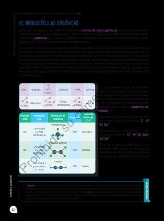 10. Biomoléculas orgánicas
Junto con el agua y las sales minerales, las biomoléculas orgánicas son los componentes
fundamentales de la materia viva. Las biomoléculas orgánicas están formadas principal-
mente por carbono (C) y tienen funciones muy diversas en los seres vivos: estructurales, ener-
géticas, de control en reacciones metabólicas, etc.
La vida, tal y como la conocemos, está basada en el carbono, y este es el único elemento
que sirve como esqueleto de las biomoléculas que conforman a todos los organismos. La
principal característica que hace que el carbono sea tan relevante es su configuración
electrónica que permite que forme cuatro enlaces covalentes simples muy estables, e igual-
mente podría crear enlaces dobles e incluso triples. De esta forma, los átomos de carbono
pueden crear cadenas lineales, ramificadas o cíclicas muy estables sobre las que se van
situando otros grupos funcionales, formados en su mayoría por hidrógeno (H), oxígeno (O)
y nitrógeno (N).
Lo que permite que el carbono
pueda formar los cuatro enlaces
tan estables, es que sus cuatro elec-
trones de valencia se disponen en
una configuración electrónica es-
pecial que da lugar al carbono ex-
citado (C*).
Configuración electrónica del car-
bono en su estado normal: C: 1s2
2s2
2p2
.
Configuración electrónica del
carbono excitado: C*: 1s2
2s1
2px-
1
py1
pz1
.
Gracias a esta configuración, los
orbitales del carbono hibridan y
pueden formar los distintos enlaces
tal como se representa en la tabla.
—OH Hidroxilo
—CO—
—C—
O
Cetona —NH2
Amina
—CHO
O
H
—C
Aldehído
—COOH
O
O—H
—C Ácido
carboxílico —CONH2
O
NH2
—C
Amina
Hibrida-
ción
Formada
por
Forma en el
espacio
Ángulos
Tipos de
enlaces
C-C
sp3
un orbital
s y tres
arbitales p
Tetraédrica
1090
sencillos
sp2
un orbital
s y dos
arbitales p
Trigonal-planar
1200
dobles
sp
un orbital s
y un arbizz
zz tal p
Lineal
1800
triples
Actividades
10.	El silicio es un elemento con propiedades muy similares al carbono. De hecho, muchos investigado-
res dedican su trabajo a comprobar si podría existir vida basada en el silicio de una forma similar a
la vida que conocemos basada en el carbono. Investiga sobre los puntos a favor y en contra que
existen sobre la posibilidad de encontrar o crear vida basada en el silicio y debate esta posibilidad
con tus compañeros y compañeras en clase.
Prohibida
su
reproducción
42
P
r
o
h
i
b
i
d
a
s
u
c
o
m
e
r
c
i
a
l
i
z
a
c
i
ó
n
 