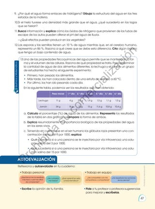 9.	 ¿Por qué el agua forma enlaces de hidrógeno? Dibuja la estructura del agua en los tres
estados de la materia.
10.	
Si el hielo tuviese una densidad más grande que el agua, ¿qué sucedería en los lagos
que se hielan?
11.	Busca información y explica cómo los óxidos de nitrógeno que provienen de los tubos de
escape de los autos pueden alterar el pH del agua de lluvia.
	 —¿Qué efectos pueden producir en los vegetales?
12.	
Las esporas y las semillas tienen un 10 % de agua mientras que, en el cerebro humano,
representa un 86 %. Razona a qué crees que se debe esta diferencia. Cita algún órgano
que tenga un bajo contenido de agua.
AUTOEVALUACIÓN
•	
Escribe la opinión de tu familia. •	Pide a tu profesor o profesora sugerencias
para mejorar y escríbelas.
•	
Trabajo personal
Reflexiona y autoevalúate en tu cuaderno:
•	
Trabajo en equipo
¿Qué tema me ha resultado
más fácil y cuál más difícil
de comprender?
¿He compartido con mis
compañeros y compañeras?
¿He cumplido
mis tareas?
¿He respetado las opiniones
de los demás?
¿Qué aprendí en esta
unidad temática?
Química
y
Matemática
13.	
Una de las propiedades fisicoquímicas del agua permite que se mantengan la for-
ma y el volumen de las células. Razona de qué propiedad se trata. Para determinar
la cantidad de agua de dos alimentos diferentes, la lechuga y el jamón, un grupo
de estudiantes ha hecho el siguiente experimento:
•	 Primero, han pesado los alimentos.
•	 Más tarde, los han colocado dentro de una estufa de secado a 60 °C.
•	 Por último, los han ido pesando cada día.
	 En la siguiente tabla, podemos ver los resultados que han obtenido:
a.	Calcula el porcentaje (%) de agua de los alimentos. Representa los resultados
de la tabla en dos gráficas y compara la forma de ambas.
b.	Explica resumidamente la importancia biológica de las propiedades del agua
en los seres vivos.
c.	 Teniendo en cuenta que en el ser humano los glóbulos rojos presentan una con-
centración salina del 9 por 1000, explica:
•	 Qué sucedería si a una persona se le inyectara por vía intravenosa una solu-
ción salina del 3 por 1000.
•	 Qué sucedería si a una persona se le inyectara por vía intravenosa una solu-
ción salina del 15 por 1000.
Peso inicial 1.er
día 2.o
día 3.er
día 4.o
día 5.o
día 6.o
día
Lechuga 11 g 4 g 2,7 g 1,9 g 1,5 g 1,1 g 1,0 g
Jamón 34 g 18 g 15 g 15 g 11,6 g 10,8 g 10,4 g
Prohibida
su
reproducción
47
P
r
o
h
i
b
i
d
a
s
u
c
o
m
e
r
c
i
a
l
i
z
a
c
i
ó
n
 