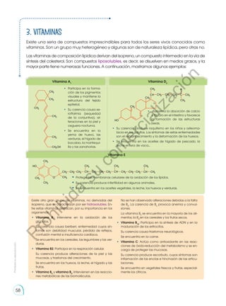 3. Vitaminas
Existe una seria de compuestos imprescindibles para todos los seres vivos conocidos como
vitaminas. Son un grupo muy heterogéneo y algunas son de naturaleza lipídica, pero otras no.
Las vitaminas de composición lipídica derivan del isopreno, un compuesto intermedio en la vía de
síntesis del colesterol. Son compuestos liposolubles, es decir, se disuelven en medios grasos, y la
mayor parte tiene numerosas funciones. A continuación, mostramos algunos ejemplos:
Existe otro gran grupo de vitaminas, no derivadas del
isopreno, que se caracterizan por ser hidrosolubles. En-
tre estas vitaminas destacan, por su importancia en los
organismos:
•	 Vitamina B1
: Interviene en la oxidación de los
glúcidos.
	 Su carencia causa beriberi, enfermedad cuyos sín-
tomas son debilidad muscular, pérdida de reflejos,
confusión mental e insuficiencia cardíaca.
	 Se encuentra en los cereales, las legumbres y las ver-
duras.
•	 Vitamina B2: Participa en la respiración celular.
	 Su carencia produce alteraciones de la piel y las
mucosas, y trastornos del crecimiento.
	 Se encuentra en los huevos, la leche, el hígado y las
frutas.
•	 Vitamina B5
y vitamina B6
. Intervienen en las reaccio-
nes metabólicas de las biomoléculas.
	 No se han observado alteraciones debidas a la falta
de B5
. La carencia de B6
provoca anemia y convul-
siones.
	 La vitamina B5
se encuentra en la mayoría de los ali-
mentos; la B6
,en los cereales y los frutos secos.
•	 Vitamina B12
: Participa en la síntesis de ADN y en la
maduración de los eritrocitos.
	 Su carencia causa trastornos neurológicos.
	 Se encuentra en la carne.
•	 Vitamina C: Actúa como antioxidante en las reac-
ciones de óxido-reducción del metabolismo y se en-
carga de proteger las mucosas.
	 Su carencia produce escorbuto, cuyos síntomas son
inflamación de las encías e hinchazón de las articu-
laciones.
	 Se encuentra en vegetales frescos y frutas, especial-
mente los cítricos.
CH3
HO
CH3
CH3
O
CH2
CH3
CH2 CH2
CH3
CH CH2 CH2 CH2
CH3
CH CH2 CH2 CH2
CH3
CH CH3
CH3
CH3
CH3
CH3
CH3
CH2OH
•	 Participa en la forma-
ción de los pigmentos
visuales y mantiene la
estructura del tejido
epitelial.
•	 Su carencia causa xe-
roftalmia (sequedad
de la conjuntiva), al-
teraciones en la piel y
ceguera nocturna.
•	Se encuentra en la
yema de huevo, las
verduras, el hígado de
bacalao, la mantequi-
lla y las zanahorias.
•	Protege las membranas celulares de la oxidación de los lípidos.
•	Su carencia produce infertilidad en algunos animales.
•	Se encuentra en los aceites vegetales, la leche, los huevos y verduras.
Vitamina A1
Vitamina D3
Vitamina E
CH3
CH3
H
C
CH2
CH2
CH3
CH
CH3
CH2
HO
CH2
•	 Aumenta la absorción de calcio
y fósforo en el intestino y favorece
la formación de las estructuras
óseas.
•	 Su carencia produce raquitismo en los niños y osteoma-
lacia en los adultos. Los síntomas de estas enfermedades
son el reblandecimiento y la deformación de los huesos.
•	 Se encuentra en los aceites de hígado de pescado, la
leche entera de vaca...
Prohibida
su
reproducción
58
P
r
o
h
i
b
i
d
a
s
u
c
o
m
e
r
c
i
a
l
i
z
a
c
i
ó
n
 