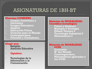 Materias COMUNES
 Materias COMUNES
1.
 1. Lengua Castellana y
     Lengua Castellana y       Materias de MODALIDAD.
                               Materias de MODALIDAD.
    Literatura
     Literatura                Científico-tecnológico
                               Científico-tecnológico
2.
 2. Lengua Extranjera
     Lengua Extranjera         
                                  Física y Química
                                   Física y Química
    (Inglés)
     (Inglés)                  
                                  Biología y Geología
                                   Biología y Geología
3.
 3. Educación Física.
     Educación Física.         
                                  Dibujo Técnico II
                                   Dibujo Técnico
4.
 4. Ciencias para el Mundo
     Ciencias para el Mundo    
                                  Tecnología Industrial II
                                   Tecnología Industrial
    Contemporáneo.
     Contemporáneo.            
                                  Matemáticas II
                                   Matemáticas
5.
 5. Filosofía y Ciudadanía.
     Filosofía y Ciudadanía.

Elegir una:                    Materias de MODALIDAD

   Religión                      CCSS

   Atención Educativa         
                                 Economía
                               
                                 Hª del Mundo

   Optativa:                     Contemporáneo.
                               
                                 Matemáticas aplicadas a

   Tecnologías de la             las CCSS
    Información y la
    Comunicación.
 
