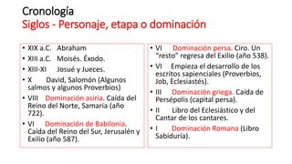 Cronología
Siglos - Personaje, etapa o dominación
• XIX a.C. Abraham
• XIII a.C. Moisés. Éxodo.
• XIII-XI Josué y Jueces.
• X David, Salomón (Algunos
salmos y algunos Proverbios)
• VIII Dominación asiria. Caída del
Reino del Norte, Samaria (año
722).
• VI Dominación de Babilonia.
Caída del Reino del Sur, Jerusalén y
Exilio (año 587).
• VI Dominación persa. Ciro. Un
“resto” regresa del Exilio (año 538).
• VI Empieza el desarrollo de los
escritos sapienciales (Proverbios,
Job, Eclesiastés).
• III Dominación griega. Caída de
Persépolis (capital persa).
• II Libro del Eclesiástico y del
Cantar de los cantares.
• I Dominación Romana (Libro
Sabiduría).
 