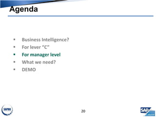 Agenda
20
 Business Intelligence?
 For lever “C”
 For manager level
 What we need?
 DEMO
 