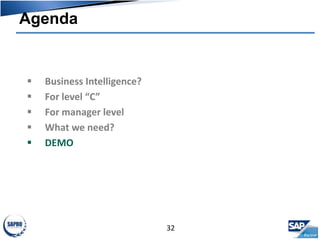 Agenda
32
 Business Intelligence?
 For level “C”
 For manager level
 What we need?
 DEMO
 