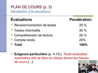 PLAN DE COURS (p. 3)
Modalités d’évaluations

Évaluations                            Pondération
 Révision/correction de textes               20 %
 Textes informatifs                          35 %
 Compréhension de lecture                    20 %
 Compte rendu                                25%
 Total                                       100%

 Exigence particulière (p. 4-15.): Toute évaluation
  sommative doit se faire en classe durant les heures
  de cours […].
 