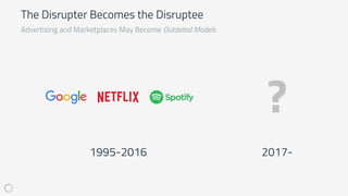 Advertising and Marketplaces May Become Outdated Models
The Disrupter Becomes the Disruptee
1995-2016 2017-
?
 