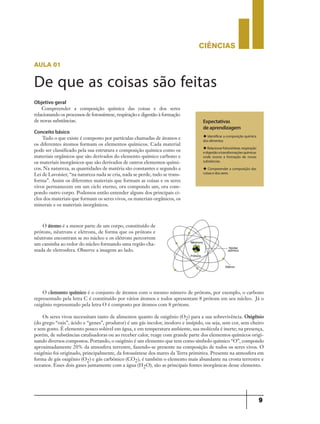 CIÊNCIaS
9
aula 01
De que as coisas são feitas
Expectativas
de aprendizagem
u Identificar a composição química
dos alimentos
uRelacionarfotossíntese,respiração
edigestãoatransformaçõesquímicas
onde ocorre a formação de novas
substâncias.
u Compreender a composição das
coisas e dos seres
Objetivo geral
Compreender a composição química das coisas e dos seres
relacionando os processos de fotossíntese, respiração e digestão à formação
de novas substâncias.
Conceito básico
Tudo o que existe é composto por partículas chamadas de átomos e
os diferentes átomos formam os elementos químicos. Cada material
pode ser classificado pela sua estrutura e composição química como os
materiais orgânicos que são derivados do elemento químico carbono e
os materiais inorgânicos que são derivados de outros elementos quími-
cos. Na natureza, as quantidades de matéria são constantes e segundo a
Lei de Lavoisier, “na natureza nada se cria, nada se perde, tudo se trans-
forma”. Assim os diferentes materiais que formam as coisas e os seres
vivos permanecem em um ciclo eterno, ora compondo um, ora com-
pondo outro corpo. Podemos então entender alguns dos principais ci-
clos dos materiais que formam os seres vivos, os materiais orgânicos, os
minerais e os materiais inorgânicos.
O átomo é a menor parte de um corpo, constituído de
prótons, nêutrons e elétrons, de forma que os prótons e
nêutrons encontram se no núcleo e os elétrons percorrem
um caminha ao redor do núcleo formando uma região cha-
mada de eletrosfera. Observe a imagem ao lado.
O elemento químico é o conjunto de átomos com o mesmo número de prótons, por exemplo, o carbono
representado pela letra C é constituído por vários átomos e todos apresentam 8 prótons em seu núcleo. Já o
oxigênio representado pela letra O é composto por átomos com 8 prótons.
Os seres vivos necessitam tanto de alimentos quanto de oxigênio (O2) para a sua sobrevivência. Oxigênio
(do grego “oxis”, ácido e “genes”, produtor) é um gás incolor, inodoro e insípido, ou seja, sem cor, sem cheiro
e sem gosto. É elemento pouco solúvel em água, e em temperatura ambiente, sua molécula é inerte; na presença,
porém, de substâncias catalisadoras ou ao receber calor, reage com grande parte dos elementos químicos origi-
nando diversos compostos. Portando, o oxigênio é um elemento que tem como símbolo químico “O”, compondo
aproximadamente 20% da atmosfera terrestre, fazendo-se presente na composição de todos os seres vivos. O
oxigênio foi originado, principalmente, da fotossíntese dos mares da Terra primitiva. Presente na atmosfera em
forma de gás oxigênio (O2) e gás carbônico (CO2), é também o elemento mais abundante na crosta terrestre e
oceanos. Esses dois gases juntamente com a água (H2O), são as principais fontes inorgânicas desse elemento.
 
