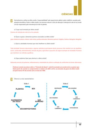 CIÊNCIaS
17
a) O que você entende por efeito estufa?
Processo de retenção do calor do sol no planeta.
Normalmente se atribui ao efeito estufa a“responsabilidade” pelo aquecimento global e pelos malefícios causados pela
poluição atmosférica. Porém o efeito estufa é um processo natural e cíclico de absorção e retenção de calor do sol, sendo
um dos responsáveis pela manutenção da vida no planeta.
2
b) Quais os gases e elementos químicos associados ao efeito estufa?
gases:dióxidodecarbono,metano,óxidonitroso,perfluorcarbonetos.Elementosquímicos:Oxigênio,Carbono,Hidrogênio,Nitrogênio.
c) Quais as atividades humanas que mais interferem no efeito estufa?
Toda atividade humana relacionada a alguma substância participante destes processos irão interferir em seu equilíbrio,
assim, combustões, desmatamento, emissão de gases, agricultura e pecuária são alguns exemplos de atividades humanas
que interferem nos referidos equilíbrios.
Observe os ciclos representativos:
3
Ciclo 1
PLANTAS BOI
SER
HUMANO
NUTRIENTES
DO SOLO
DECOMPOSITORES
Ciclo 2
RESPIRAÇÃO GÁS OXIGÊNIO
GÁS OXIGÊNIO
FOTOSSÍNTESE
GÁS
CARBÔNICO
GÁS
CARBÔNICO
d) Oque podemos fazer para diminuir o efeito estufa?
Reduzindo emissões de poluentes, reflorestamento, rotatividade de culturas e utilização de combustíveis de fontes alternativas.
Professor oriente seu aluno sobre o “Protocolo de Kyoto”, onde foi assinado um acordo entre os países (que
fazem parte do acordo) se comprometem a reduzir, de 2005 a 2012, as emissões de gases de efeito estufa
em pelo menos 5% de acordo com os níveis de 1990.
 