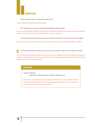 CIÊNCIaS
18
a) Quais situações podem ser representadas pelos ciclos?
Cadeia alimentar e metabolismo das plantas/vegetais
b) Em cada um dos ciclos, qual é a variação de quantidade de matéria utilizada?
Zero, como são representadas atividades cíclicas, não ocorrem variações das quantidades de matéria das substâncias envolvidas.
Indo de encontro a Lei de Lavoisier: “Na natureza nada se cria, tudo se transforma”.
È possível perceber quando comemos um sanduíche do tipo“X-salada” o caráter cíclio dos materiais? Justifique:
4
Sim. Ao observarmos o sanduíche percebemos que ele é composto por carboidratos presentes principalmente no pão (que
um dia “foi” trigo), proteínas da carne (que um dia “foi” um animal) e vegetais presentes na salada.Todos estes materiais
ciclam na natureza e nas cadeias alimentares.
c) É possível perceber que os elementos químicos que formam os materiais de cada ciclo são os mesmos? Justifique:
Sim, a maioria das substâncias relacionadas são compostas pelos elentos carbono, oxigênio, hidrogênio e nitrogênio.
Justifique a afirmação:
“A água que você bebeu hoje pode ter milhões e milhões de anos.”
DESAFIO
Assim como os demais materiais tratados até aqui, a água também circula no ambiente de forma
cíclica e sua quantidade permanece. Então, a água que temos hoje é a mesma da era dos dinossauros
e até a mesma dos tempos da formação do planeta.
 