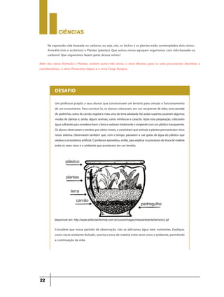 CIÊNCIaS
22
Na expressão vida baseada no carbono, ou seja, nós, os bichos e as plantas estão contemplados dois reinos:
Animália (nós e os bichos) e Plantae (plantas). Que outros reinos agrupam organismos com vida baseada no
carbono? Que organismos fazem parte desses reinos?
Além dos reinos Animalia e Plantae, existem outros três reinos: o reino Monera, para os seres procariontes (bactérias e
cianobactérias), o reino Protoctista (algas) e o reino Fungi (fungos).
Um professor propôs a seus alunos que construíssem um terrário para simular o funcionamento
de um ecossistema. Para construí-lo, os alunos colocaram, em um recipiente devidro,umacamada
depedrinhas,outradecarvãovegetalemaisumadeterraadubada.Noandarsuperior,puseramalgumas
mudas de plantas e, ainda, alguns animais, como minhocas e caracóis. Após essa preparação, colocaram
águasuficienteparaumedecerbematerraevedaramtotalmenteorecipientecomumplásticotransparente.
Osalunosobservaramoterrário,porváriosmeses,econcluíramqueanimaiseplantaspermaneciamvivos
nesse sistema. Observaram também que, com o tempo, passaram a cair gotas de água do plástico que
vedavaoecossistemaartificial.Oprofessoraproveitou,então,paraexplicarosprocessosdetrocadematéria
entre os seres vivos e o ambiente que acontecem em um terrário.
Considere que nesse período de observação, não se adicionou água nem nutrientes. Explique,
como nesse ambiente fechado, ocorria a troca de matéria entre seres vivos e ambiente, permitindo
a continuação da vida.
DESAFIO
plástico
plantas
terra
carvão
pedregulho
disponível em: http://www.editoriainformal.com.br/curso/images/meioambiente/terrario2.gif
 