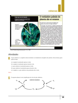 CIÊNCIaS
25
O gás que vem do líquido
As algas são capazes de produzir mais
oxigênio que as árvores
Enquanto 1
quilômetro quadrado
de floresta equatorial
produziria ísto
de oxigênio
... o mesmo
espaço de algas
verdes
fabricaria dez
vezes mais
?De onde vem a maior parte do oxigênio que
respiramos, das árvores ou algas marinhas?
! Das algas.“Se somarmos o oxigênio produzido pela
fotossíntese de toda a população de algas de todos os
oceanos, teremos mais gás do que aquele produzido
pelas florestas”, garante a oceónagrafa Elizabete de
SantisBraga,daUniversidadedeSãoPaulo.Ooxigênio
produzido pelas algas passa para o ar porque, quando
hágásdemaisnaágua,eleextravasaparaaatmosfera.
Portanto o grande pulmão do mundo são os oceanos e
não a Amazônia. Não da para comparar o oxigênio
produzido por 1 metro quadrado de qualquer floresta
com1metroquadradogenéricodealgas.Boapartedas
plantas é microscópica e tudo depende do grau de
transparênciadasalgas,quedeterminaoquantodeluz
penetra. É possível, entretranto, fazer comparações
específicas,como1metroquadradodeflorestatropical
úmida e 1 metro quadrado de algas Caulerpa taxifolia,
abundantes no Mar Mediterrâneo. (veja ao lado).
Atividades
O gás carbônico e o oxigênio estão envolvidos no metabolismo energético das plantas. Acerca desses gases
pode-se dizer:
a) o oxigênio é produzido apenas à noite.
b) o oxigênio é produzido apenas durante o dia.
c) o gás carbônico é produzido apenas à noite.
d) o gás carbônico é produzido apenas durante o dia.
e) o oxigênio e o gás carbônico são produzidos dia e noite.
Gab: b
1
O esquema abaixo é uma simplificação do ciclo do gás carbônico.
2
COMPOSTO ORGÂNICO
CO2
O2
I II
H2O
O2
H2O
Fonte: Revista Superinteressante nº 22, 1998
 