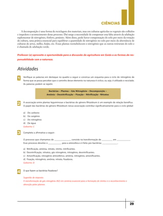CIÊNCIaS
29
Atividades
Verifique as palavras em destaque no quadro a seguir e construa um esquema para o ciclo do nitrogênio de
forma que se possa perceber que o caminho desse elemento na natureza é cíclico, ou seja, é utilizado e reciclado.
As palavras podem se repetir.
1
A decomposição é uma forma de reciclagem dos materiais, mas em culturas agrícolas os vegetais são colhidos
e impedem o acontecimento desse processo. Daí surge a necessidade de compensar essa falta através da adubação
suplementar de nitrogênio, fósforo, potássio. Além disso, pode haver compensação do solo por meio da rotação
de cultura, uma prática essencial para equilibrar a quantidade de nitrogênio no solo por meio da alternância de
culturas de arroz, milho, feijão, etc. Essas plantas reestabelecem o nitrogênio que as outras retiraram do solo e
é chamada de adubação verde.
Professor (a) aproveite a oportunidade para a discussão da agricultura em Goiás e as formas de res-
ponsabilidade com a natureza.
Bactérias – Plantas – Gás Nitrogênio – Decomposição –
Amônia – Desnitrificação – Fixação – Nitrificação - Nitratos
A associação entre plantas leguminosas e bactérias do gênero Rhizobium é um exemplo de relação benéfica.
O papel das bactérias do gênero Rhizobium nessa associação contribui significativamente para o ciclo global:
a) Do carbono
b) Do oxigênio
c) Do nitrogênio
d) Da água
Gabarito: C
2
Complete a afirmativa a seguir:
O processo que chamamos de ______________ consiste na transformação de _________ em ___________.
Esse processo devolve o ___________ para a atmosfera e é feito por bactérias _____________.
3
O que fazem as bactérias fixadoras?
Sugestão de resposta:
A transformação de gás nitrogênio (N2) em amônia essencial para a formação de nitritos e o reconhecimento e
absorção pelas plantas.
4
a) Nitrificação, amônia, nitrato, nitrito, nitrificantes.
b) Desnitrificação, nitratos, gás nitrogênio, nitrogênio, desnitrificantes.
c) Amonificação, nitrogênio atmosférico, amônia, nitrogênio, amonificantes.
d) Fixação, nitrogênio, amônia, nitrato, fixadoras.
Gabarito: B
 