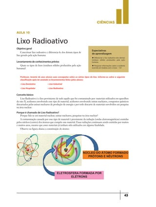 CIÊNCIaS
43
aula 10
Lixo Radioativo
Expectativas
de aprendizagem
u Diferenciar o lixo radioativo dos demais
resíduos sólidos produzidos pela ação
humana.
u Pesquisar informações sobre o acidente
ocorrido em Goiânia com o Cesio – 137.
Objetivo geral
Conceituar lixo radioativo e diferencia-lo dos demais tipos de
lixo gerado pela ação humana
Levantamentodeconhecimentosprévios
Quais os tipos de lixos (resíduos sólidos produzidos pela ação
humana)?
Conceito básico
Lixo Radioativo é o lixo proviniente de tudo aquilo que for contaminado por: materiais utilizados em aparelhos
de raio X, acidentes envolvendo esse tipo de material, acidentes envolvendo usinas nucleares, compostos químicos
descartados pelas usinas nucleares de produção de energia e por todo descarte de materiais envolvidos em pesquisa
na área nuclear.
Porque é chamado de Lixo Radioativo?
Porque fala-se em material nuclear, usinas nucleares, pesquisas na área nuclear?
A contaminação causada por esse tipo de material é proviniente da radiação (ondas eletromagnéticas) emitidas
pelos núcleos (centro) dos átomos que compôe esse material. Essas radiações continuam sendo emitidas por muitos
e muitos anos, mesmo que esses materiais já tenham sido utilizados em alguma finalidade.
Observe na figura abaixo a constituição do átomo:
Professor, levante de seus alunos suas concepções sobre os vários tipos de lixo. Informe-os sobre a seguinte
classificação após ter anotado os levantamentos feitos pelos alunos:
• Lixo Doméstico • Lixo Industrial
• Lixo Hospitalar • Lixo Radioativo
NÚCLEO DO ÁTOMO FORMADO
PRÓTONS E NÊUTRONS
ELETROSFERA FORMADA POR
ELÉTRONS
 