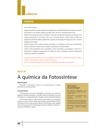 CIÊNCIaS
58
Leia o texto a seguir.
Tentando promoverumaalimentaçãomaissaudávelparasuafamília,Rafaelplantoualgumassementes
de tomates em seu quintal e esperou por alguns dias, até que as sementes germinassem.
Rafael estava ansioso para que os tomateiros crescessem e produzissem logo. Mas, ao olhar para sua
pequena plantação em uma tarde, notou que as formigas haviam cortado todas as folhas dos
pequeninos tomateiros. Rafael, rapidamente, comprou um preparado de fungos para fazer o controle
biológico das formigas.
Depois de alguns dias, as folhas brotaram novamente e os tomateiros continuaram a desenvolver,
até que os primeiros tomates foram colhidos e saboreados com toda a família.
Lendo o texto, percebemos que os tomateiros, mesmo sem folhas, não chegaram a morrer. Se a
fotossíntese é realizada, principalmente, nas folhas, de onde os tomateiros retiraram energia para
sobreviver e produzir novas folhas?
As plantas possuem reservas em todo seu organismo. Além disso, os caules jovens também possuem
clorofila, sendo, portanto, capazes de realizar fotossíntese.
Assim, a energia foi retirada de suas reservas e da fotossíntese realizada no caule jovem.
DESAFIO
aula 16
A química da Fotossíntese
Expectativas
de aprendizagem
u Relacionar fotossíntese com
transformação de energia luminosa em
energia química.
u Identificar os cloroplastos como
estruturas responsáveis pela
fotossíntese.
u Identificar transformações químicas,
ou reações químicas, como aquelas em
que há formação de novas substâncias.
u Identificar as substâncias reagentes
e as novas substâncias formadas
(produtos).
Objetivo geral
Entender a fotossíntese como uma transformação de energia
luminosa em energia química
Conceito básico
A fotossíntese ocorre nos cloroplastos, estruturas que contém o
pigmento chamado clorofila. A clorofila auxilia na absorção de luz para
a fotossíntese e é responsável pela coloração verde da maioria das plantas.
Como mencionado na aula anterior, a fotossíntese é um processo
químico em que a planta utiliza água (H2O) e gás carbônico (CO2),
na presença de luz, para produzir glicose (C6H12O6) e gás oxigênio
(O2). Esse processo de transformação pode ser descrito conforme a
equação simplificada a seguir.
 