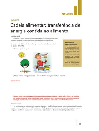 CIÊNCIaS
73
Objetivogeral
Identificar a cadeia alimentar como a transferência de energia contida nos
alimentos, reconhecendo produtores, consumidores e decompositores.
Levantamento dos conhecimentos prévios / introdução ao estudo
de cadeia alimentar
Observe as figuras a seguir.
Expectativas
de aprendizagem
u Identificar cadeia alimentar
como a relação em que um ser
vivo se alimenta de outro,
sendo sempre iniciada pelos
vegetais;
u Representar por meio de
esquema as relações
alimentares em uma cadeia
alimentar;
u Identificar o alimento como
fonte de energia (energia
química ou energia de ligação).
aula 21
Cadeia alimentar: transferência de
energia contida no alimento
a) Quem fornece a energia necessária à vida das plantas? E das pessoas? E dos animais?
Resposta pessoal
Professor,realizeestaatividadeaproveitandoparadiagnosticarosestudantesjásabemsobreotemaaserestudado.
Você poderá acrescentar outras questões que julgar importante para o levantamento dos conhecimentos prévios
em relação aos alimentos como fonte de energia aos seres vivos, retomando o conceito da fotossíntese.
Conceitobásico
Nos ecossistemas há um interrelacionamento dinâmico e equilibrado, que permite a troca de matéria e de energia
entre os seres vivos, formando a cadeia alimentar. Ao longo da cadeia alimentar há a transferência de nutrientes e
energia dos produtores (vegetais) para os consumidores (animais) e os decompositores (fungos e bactérias).
 