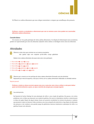 CIÊNCIaS
77
b) Observe as cadeias alimentares que seus colegas construíram e compare que semelhanças elas possuem.
Professor, oriente os estudantes a observarem que com os mesmos seres vivos podem ser construídas
diferentes cadeias alimentares.
Conceito básico
Um mesmo ser vivo pode participar de várias cadeias alimentares. As relações de alimentação num ecossistema
podem ser representadas por uma teia alimentar. Quando várias cadeias se interligam temos uma teia alimentar.
Observe os seres vivos que convivem em um mesmo ecossistema.
rato – gavião – sapo – ave – serpente – pé de milho – coruja - gafanhoto
Elabore cinco cadeias alimentares das quais estes seres vivos participam.
1 - Pé de milho rato coruja
2 - Pé de milho gafanhoto sapo serpente
3 - Pé de milho rato gavião
4 - Pé de milho gafanhoto ave serpente
5 - Pé de milho rato coruja gavião
1
Observe que o mesmo ser vivo participa de várias cadeias alimentares formando uma teia alimentar.
Represente por meio de esquema, a teia que se forma com as cadeias alimentares elaboradas na atividade anterior.
2
Atividades
g
g
g g
g
g g g
g g
g g
g
Resposta pessoal
Professor, oriente os alunos escrever apenas uma vez o nome dos seres vivos e utilizar a seta para indicar
quem servirá de alimento a quem, ou seja o cominho da energia que a energia seguirá.
Leia atentamente.
Na fazenda do Senhor Rodrigo há uma plantação de milho e uma criação de galinhas. Ele passou a ter sérios
problemas com os lobos que atacavam sua criação de galinhas. Ele reuniu os fazendeiros vizinhos e exterminaram
os lobos da região. Depois de algum tempo, houve um aumento considerável no número de pássaros e roedores
que passaram a atacar as lavouras. Então, aconteceu uma nova campanha de extermínio e, logo depois da destruição
dos pássaros e dos roedores uma grande praga de gafanhotos destruiu totalmente a plantação de milho e as
galinhas ficaram sem alimento.
3
 