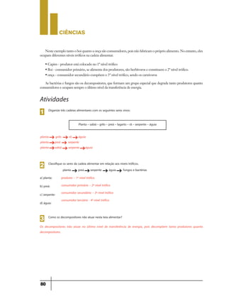 CIÊNCIaS
80
Neste exemplo tanto o boi quanto a onça são consumidores, pois não fabricam o próprio alimento. No entanto, eles
ocupam diferentes níveis tróficos na cadeia alimentar.
• Capim - produtor está colocado no 1º nível trófico
• Boi - consumidor primário, se alimenta dos produtores, são herbívoros e constituem o 2º nível trófico.
• onça - consumidor secundário compõem o 3º nível trófico, sendo os carnívoros
As bactérias e fungos são os decompositores, que formam um grupo especial que degrada tanto produtores quanto
consumidores e ocupam sempre o último nível da transferência de energia.
Organize três cadeias alimentares com os seguintes seres vivos:
Planta – sabiá – grilo – preá – lagarto – rã – serpente – águia
1
Atividades
planta grilo rã águia
planta preá serpente
planta sabiá serpente águia
g
g
g
g
g
g
g
g
Classifique os seres da cadeia alimentar em relação aos níveis tróficos.
planta preá serpente águia fungos e bactérias
a) planta:
b) preá:
c) serpente:
d) águia:
produtor – 1º nível trófico
consumidor primário – 2º nível trófico
consumidor secundário – 3º nível trófico
consumidor terciário - 4º nível trófico
2
g g g g
Como os decompositores irão atuar nesta teia alimentar?
Os decompositores irão atuar no último nível de transferência de energia, pois decompõem tanto produtores quanto
decompositores.
3
 