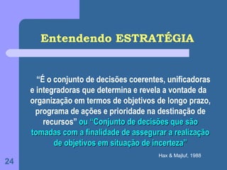 Entendendo ESTRATÉGIA


       “É o conjunto de decisões coerentes, unificadoras
     e integradoras que determina e revela a vontade da
     organização em termos de objetivos de longo prazo,
      programa de ações e prioridade na destinação de
         recursos” ou “Conjunto de decisões que são
     tomadas com a finalidade de assegurar a realização
            de objetivos em situação de incerteza”
                                         Hax & Majluf, 1988
24
 