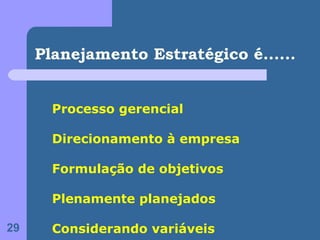 Planejamento Estratégico é......


       Processo gerencial

       Direcionamento à empresa

       Formulação de objetivos

       Plenamente planejados

29     Considerando variáveis
 