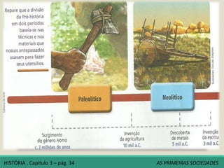 Uma das periodizações mais conhecidas (John
Lubbock) conta o grau de habilidade tecnológica na
produção dos instrumentos e distingue pelo menos
dois grandes períodos: paleolítico e neolítico.
Periodizações
HISTÓRIA . Capítulo 3 – pág. 34 AS PRIMEIRAS SOCIEDADES
 