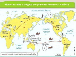 Hipóteses sobre a chegada dos primeiros humanos a América
HISTÓRIA . Capítulo 4– pág. 46 PRIMEIROS POVOS DA AMÉRICA
 