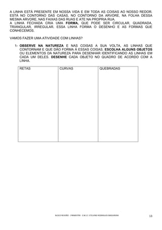 BLOCO	REVISÃO	-	1ºBIMESTRE-		E.M.E.F.	ETELVINO	RODRIGUES	MADUREIRA	
	
13	
A LINHA ESTÁ PRESENTE EM NOSSA VIDA E EM TODA AS COISAS AO NOSSO REDOR.
ESTÁ NO CONTORNO DAS CASAS, NO CONTORNO DA ARVORE, NA FOLHA DESSA
MESMA ARVORE, NAS FAIXAS DAS RUAS E ATE NA PROPRIA RUA.
A LINHA FECHADA CRIA UMA FORMA, QUE PODE SER CIRCULAR, QUADRADA,
TRIANGULAR, IRREGULAR. ESSA LINHA FORMA O DESENHO E AS FORMAS QUE
CONHECEMOS.
VAMOS FAZER UMA ATIVIDADE COM LINHAS?
1- OBSERVE NA NATUREZA E NAS COISAS A SUA VOLTA, AS LINHAS QUE
CONTORNAM E QUE DÃO FORMA À ESSAS COISAS. ESCOLHA ALGUNS OBJETOS
OU ELEMENTOS DA NATUREZA PARA DESENHAR IDENTIFICANDO AS LINHAS EM
CADA UM DELES. DESENHE CADA OBJETO NO QUADRO DE ACORDO COM A
LINHA.
RETAS CURVAS QUEBRADAS
 