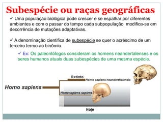Subespécie ou raças geográficas
 Uma população biológica pode crescer e se espalhar por diferentes
ambientes e com o passar do tempo cada subpopulação modifica-se em
decorrência de mutações adaptativas.

 A denominação cientifica de subespécie se quer o acréscimo de um
terceiro termo ao binômio.
    Ex: Os paleontólogos consideram os homens neandertalenses e os
   seres humanos atuais duas subespécies de uma mesma espécie.
 