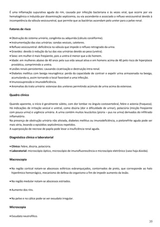 É uma inflamação supurativa aguda do rim, causada por infecção bacteriana e às vezes viral, que ocorre por via
hematogênica e induzida por disseminação septicemia, ou via ascendente e associado a refluxo vesicouretral devido à
incompetência da válvula vesicouretral, que permite que as bactérias ascendam pelo ureter para a pelve renal.
Fatores de risco
• Obstrução do sistema urinário, congênita ou adquirida (cálculo coraliforme).
• Instrumentação das vias urinárias: sondas vesicais, cateteres.
• Refluxo vesicouretral: deficiência na válvula que impede o refluxo retrogrado da urina.
• Gravidez: devido à redução da luz das vias urinárias devido ao peso (uretra).
• Sexo: em mulher é mais freqüente, pois a uretra é menor que a do homem.
• Idade: em mulheres abaixo de 40 anos pela sua vida sexual ativa e em homens acima de 40 pelo risco de hiperplasia
prostática, comprimindo a uretra.
• Lesões renais persistentes: causando cicatrização e destruição intra-renal.
• Diabetes mellitus com bexiga neurogênica: perda da capacidade de contrair e expelir urina armazenada na bexiga,
acumulando-a, assim tornando o local favorável a uma infecção.
• Imunossupressão e imunodeficiência.
• Anomalias do trato urinário: estenose dos ureteres permitindo acúmulo de urina acima da estenose.
Quadro clínico
Quando aparente, o início é geralmente súbito, com dor lombar no ângulo costovertebral, febre e astenia (fraqueza).
Há indicações de irritação vesical e uretral, como disúria (dor e dificuldade de urinar), polaciúria (micção freqüente
com pouca urina) e urgência urinária. A urina contém muitos leucócitos (piúria – pus na urina) derivados do infiltrado
inflamatório.
Na presença de obstrução urinária não aliviada, diabetes mellitus ou imunodeficiência, a pielonefrite aguda pode ser
mais séria, levando a episódios septicêmicos repetidos.
A superposição de necrose de papila pode levar a insuficiência renal aguda.
Diagnóstico clínico e laboratorial
• Clínico: febre, disúria, polaciúria.
• Laboratorial: microscópio óptico, microscópio de imunofluorescência e microscópio eletrônico (caso haja dúvida).
Macroscopia
• Na região cortical notam-se abscessos esféricos esbranquiçados, contornados de preto, que corresponde ao halo
hiperêmico hemorrágico, mecanismo de defesa do organismo a fim de impedir aumento da lesão.
• Na região medular notam-se abscessos estriados.
• Aumento dos rins.
• Na pelve e no cálice pode-se ver exsudato irregular.
Microscopia
• Exsudato neutrofílico.
35
 