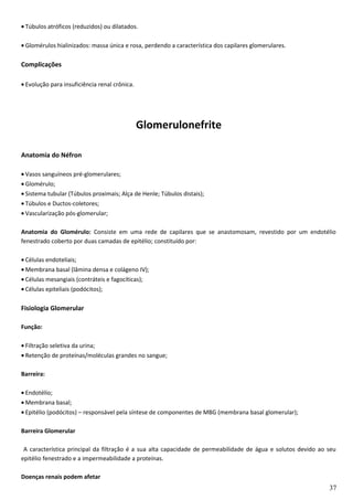 • Túbulos atróficos (reduzidos) ou dilatados.
• Glomérulos hialinizados: massa única e rosa, perdendo a característica dos capilares glomerulares.
Complicações
• Evolução para insuficiência renal crônica.
Glomerulonefrite
Anatomia do Néfron
• Vasos sanguíneos pré-glomerulares;
• Glomérulo;
• Sistema tubular (Túbulos proximais; Alça de Henle; Túbulos distais);
• Túbulos e Ductos-coletores;
• Vascularização pós-glomerular;
Anatomia do Glomérulo: Consiste em uma rede de capilares que se anastomosam, revestido por um endotélio
fenestrado coberto por duas camadas de epitélio; constituído por:
• Células endoteliais;
• Membrana basal (lâmina densa e colágeno IV);
• Células mesangiais (contráteis e fagocíticas);
• Células epiteliais (podócitos);
Fisiologia Glomerular
Função:
• Filtração seletiva da urina;
• Retenção de proteínas/moléculas grandes no sangue;
Barreira:
• Endotélio;
• Membrana basal;
• Epitélio (podócitos) – responsável pela síntese de componentes de MBG (membrana basal glomerular);
Barreira Glomerular
A característica principal da filtração é a sua alta capacidade de permeabilidade de água e solutos devido ao seu
epitélio fenestrado e a impermeabilidade a proteínas.
Doenças renais podem afetar
37
 