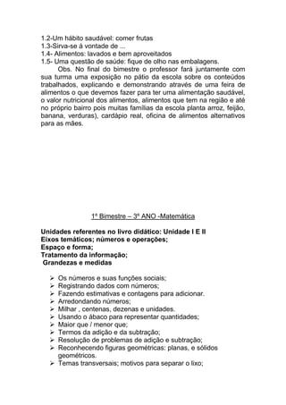 1.2-Um hábito saudável: comer frutas
1.3-Sirva-se á vontade de ...
1.4- Alimentos: lavados e bem aproveitados
1.5- Uma questão de saúde: fique de olho nas embalagens.
      Obs. No final do bimestre o professor fará juntamente com
sua turma uma exposição no pátio da escola sobre os conteúdos
trabalhados, explicando e demonstrando através de uma feira de
alimentos o que devemos fazer para ter uma alimentação saudável,
o valor nutricional dos alimentos, alimentos que tem na região e até
no próprio bairro pois muitas famílias da escola planta arroz, feijão,
banana, verduras), cardápio real, oficina de alimentos alternativos
para as mães.




                 1º Bimestre – 3º ANO -Matemática

Unidades referentes no livro didático: Unidade I E II
Eixos temáticos; números e operações;
Espaço e forma;
Tratamento da informação;
Grandezas e medidas

   Os números e suas funções sociais;
   Registrando dados com números;
   Fazendo estimativas e contagens para adicionar.
   Arredondando números;
   Milhar , centenas, dezenas e unidades.
   Usando o ábaco para representar quantidades;
   Maior que / menor que;
   Termos da adição e da subtração;
   Resolução de problemas de adição e subtração;
   Reconhecendo figuras geométricas: planas, e sólidos
    geométricos.
   Temas transversais; motivos para separar o lixo;
 