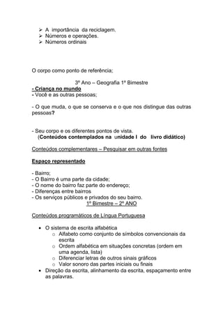  A importância da reciclagem.
   Números e operações.
   Números ordinais




O corpo como ponto de referência;

                  3º Ano – Geografia 1º Bimestre
- Criança no mundo
- Você e as outras pessoas;

- O que muda, o que se conserva e o que nos distingue das outras
pessoas?


- Seu corpo e os diferentes pontos de vista.
   (Conteúdos contemplados na unidade I do livro didático)

Conteúdos complementares – Pesquisar em outras fontes

Espaço representado

- Bairro;
- O Bairro é uma parte da cidade;
- O nome do bairro faz parte do endereço;
- Diferenças entre bairros
- Os serviços públicos e privados do seu bairro.
                        1º Bimestre – 2º ANO

Conteúdos programáticos de Língua Portuguesa

     O sistema de escrita alfabética
        o Alfabeto como conjunto de símbolos convencionais da
           escrita
        o Ordem alfabética em situações concretas (ordem em
           uma agenda, lista)
        o Diferenciar letras de outros sinais gráficos
        o Valor sonoro das partes iniciais ou finais
     Direção da escrita, alinhamento da escrita, espaçamento entre
     as palavras.
 