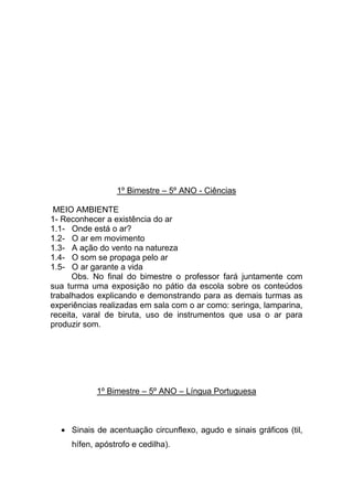 1º Bimestre – 5º ANO - Ciências

 MEIO AMBIENTE
1- Reconhecer a existência do ar
1.1- Onde está o ar?
1.2- O ar em movimento
1.3- A ação do vento na natureza
1.4- O som se propaga pelo ar
1.5- O ar garante a vida
      Obs. No final do bimestre o professor fará juntamente com
sua turma uma exposição no pátio da escola sobre os conteúdos
trabalhados explicando e demonstrando para as demais turmas as
experiências realizadas em sala com o ar como: seringa, lamparina,
receita, varal de biruta, uso de instrumentos que usa o ar para
produzir som.




            1º Bimestre – 5º ANO – Língua Portuguesa



     Sinais de acentuação circunflexo, agudo e sinais gráficos (til,
     hífen, apóstrofo e cedilha).
 